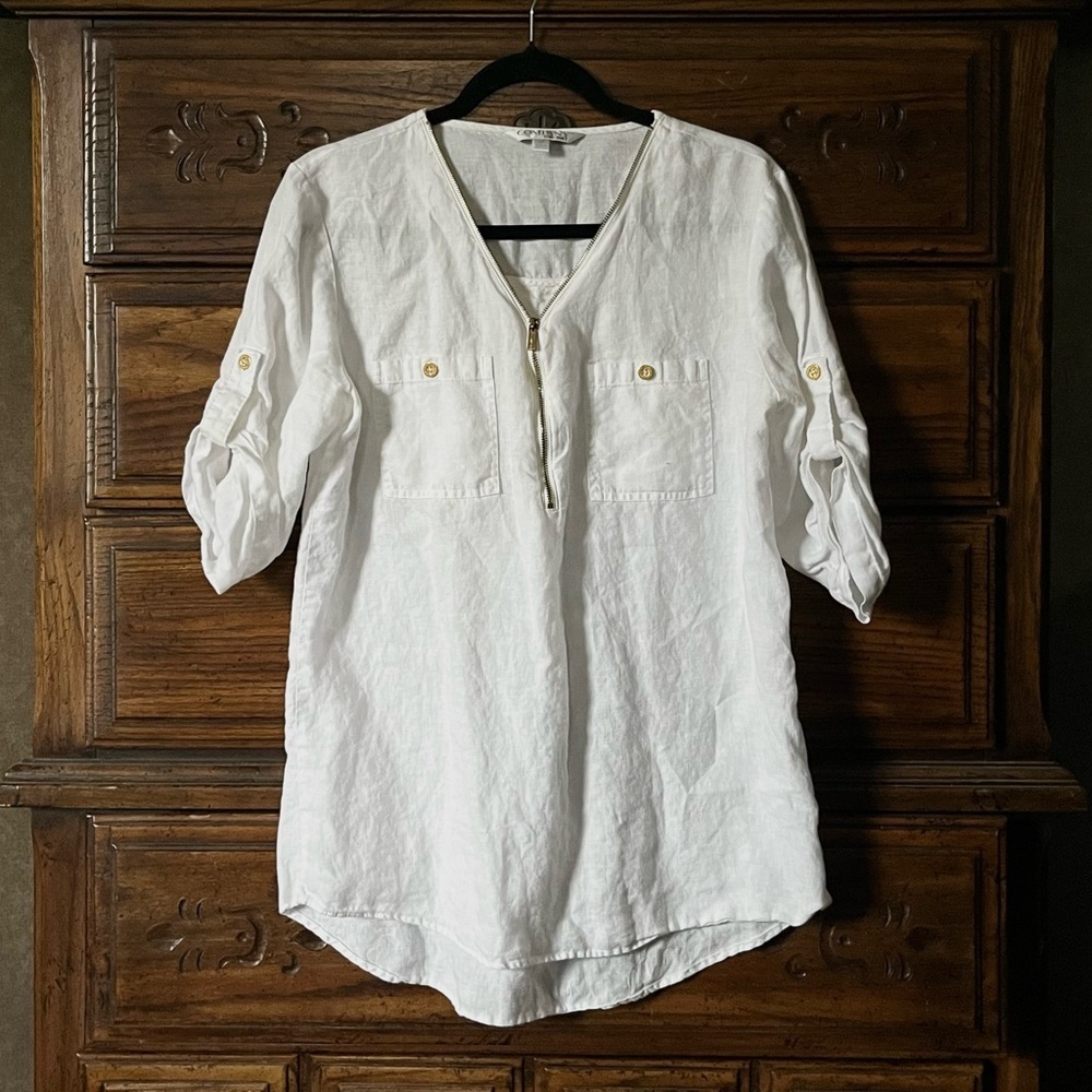 Ellen Tracy 100% Linen White Zipper V-Neck Tunic